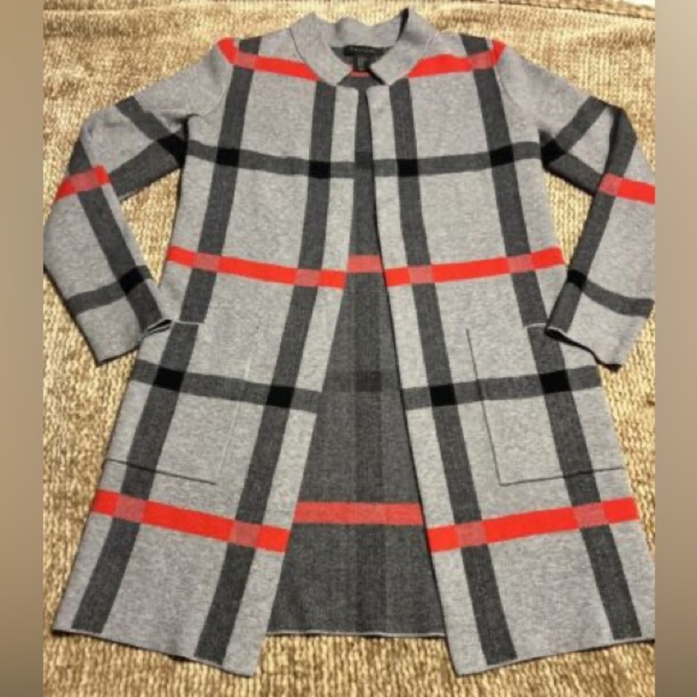 LNEW Tahari Open Front Plaid Long Cardigan, Red/Grey/Black, medium